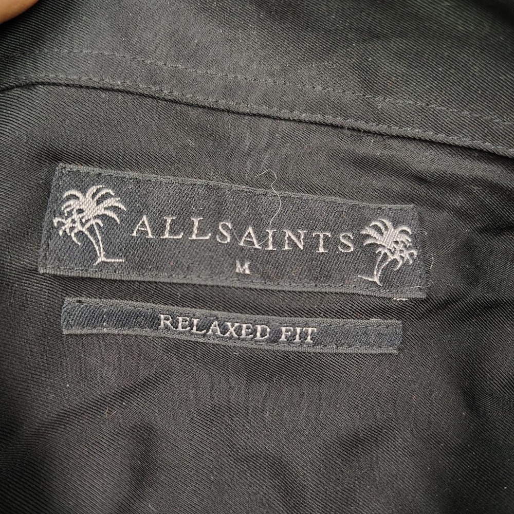 ALL SAINTS Button Up Camp Shirt Men Medium Black Embroidered Vendetta Loop Colla - Picture 3 of 8